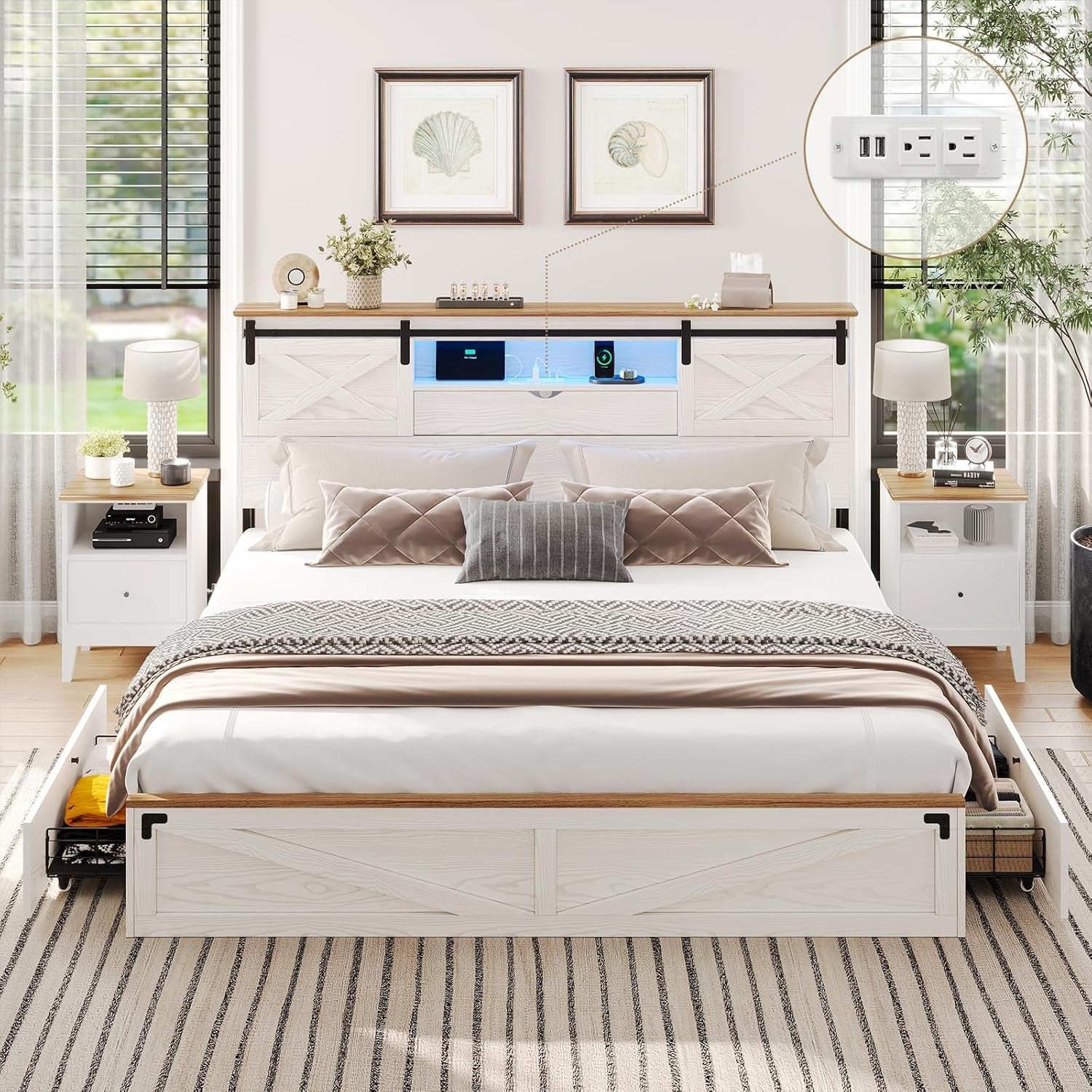 Farmhouse Aesthetic Bed Frame with Smart LED Lights & Storage – Hasuit